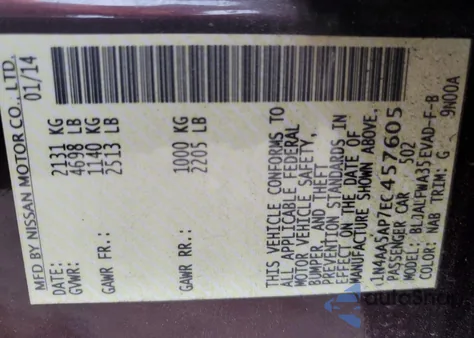 2014 Nissan Maxima S z USA, uszkodzony, nr VIN 1N4AA5AP7EC457605